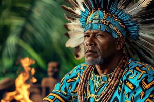 Elder of the tribe sits by the fire in traditional attire adorned with intricate patterns surrounded by wooden artifacts in a natural setting photo