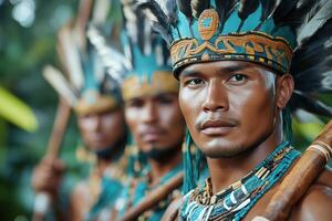 Group of tribal hunters with handmade weapons display their skills in a lush forest under natural light photo