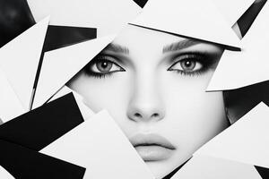 High-contrast mood board showcasing dramatic lighting and bold geometric shapes with a striking monochrome face emerging from sharp angles photo