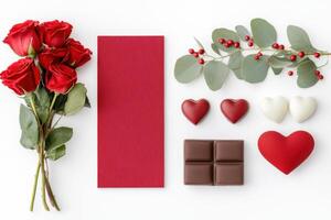 Create a romantic atmosphere with a Valentines Day-inspired mood board featuring roses and chocolates photo