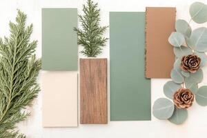 Natural rustic mood board showcasing wooden textures, muted floral arrangements, and forest scenery in soft greens and browns for wedding inspiration photo