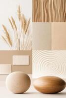 Tranquil mood board inspired by Japanese minimalism featuring clean lines, balanced layout, and soft natural light in soothing beige and white tones photo