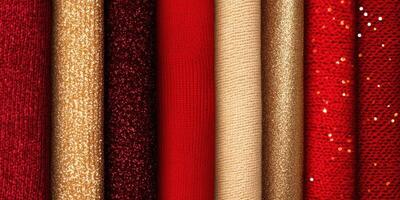 Festive mood board showcasing a rich red and gold color palette with sparkling textures and cozy fabrics for holiday design inspiration photo