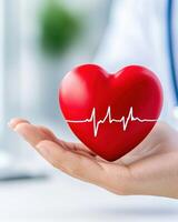 Hand holding a glowing red heart with a pulsating ECG line in a bright medical office environment photo