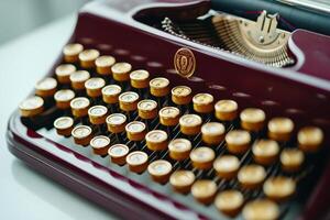 Vintage typewriter in deep burgundy color with mustard-yellow keys on a clean white desk illuminated by natural light photo
