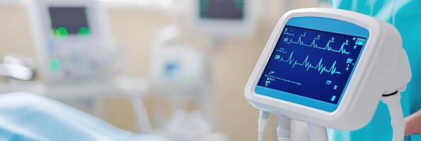 Close-up view of a hospital heart rate monitor showing real-time ECG readings and advanced medical devices in the background photo