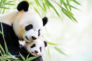 Playful panda bear holds its baby while surrounded by green bamboo in soft sunlight filtering through the leaves photo