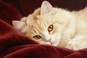 Close-up view of a white cat with mustard eyes resting on a soft burgundy blanket in natural light highlighting its fur and relaxed expression photo