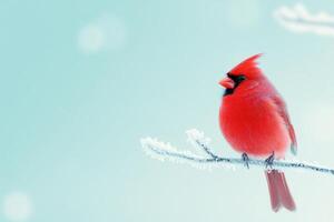 Bright red cardinal perched on a frosty branch against a soft blue sky creating a serene winter atmosphere photo