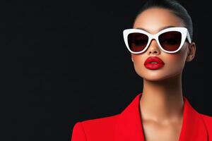 Model exudes confidence in striking red ensemble with bold lipstick and sleek sunglasses against a black backdrop photo