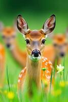 Herd of deer foraging in a lush green field surrounded by nature during the day photo