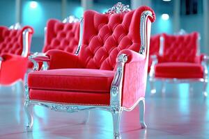 Elegant vintage red velvet theater chairs bathed in soft ambient light create a nostalgic and luxurious atmosphere for an intimate gathering photo