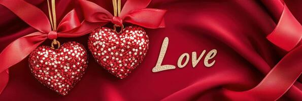 Heart-shaped pendants elegantly tied with red ribbons resting on a luxurious silk background featuring a love quote in cursive style photo
