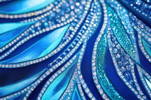 Close-up view of intricate beadwork on a vibrant sapphire blue dress showcasing shimmering textures and elegant design elements photo