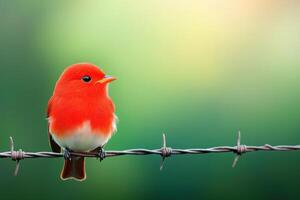 Bright red robin perched on barbed wire fence against blurred green forest backdrop showcasing vibrant colors and contrast photo