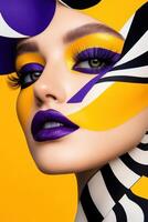 Fashion model with bold makeup featuring high-contrast colors surrounded by surreal floral patterns and geometric shapes in a vibrant setting photo