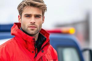 Firefighter in deep red uniform stands confidently in front of navy blue fire truck on a cloudy day ready for action photo