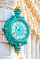 Vintage clock with turquoise and aquamarine details set against a historic stone building exterior featuring intricate architectural design elements photo
