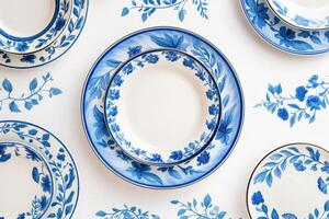 Elegant arrangement of porcelain tableware with floral patterns on a white tablecloth for a stylish dining experience photo