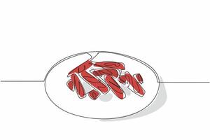 Continuous one line drawing some red licorice candy sticks cut into short pieces on a plate. Ready-to-eat sweet snack. Healthy. National Licorice Day. Single line draw design illustration vector