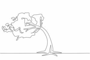 Single continuous line drawing a big tree tilted in the strong wind. The leaves also fall. Very strong gusts of wind. Natural disaster alert. National Big Wind Day. One line design illustration vector