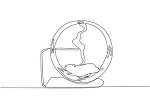Single continuous line drawing hamster running in running wheel. A play area combined with a cage. A fun habit for hamsters. Play continuously. World Hamster Day. One line design illustration vector