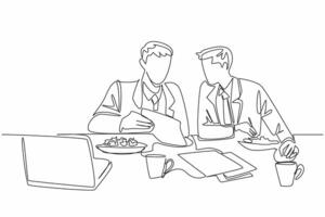 Continuous one line drawing two businessmen eating salad at the office table. Reviewing meeting results over lunch. Sharing. National Make Lunch Count Day. Single line draw design illustration vector