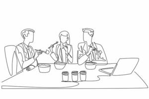 Single continuous line drawing businessman and businesswoman sitting together eating salad at the office table. Snacking together. National Make Lunch Count Day. One line design illustration vector