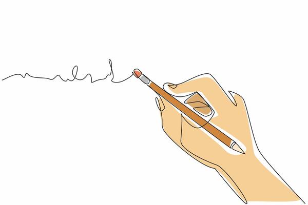 Continuous one line drawing hand holding pencil upside down and erasing writing with pencil eraser. Ease of editing. Equipment. National Rubber Eraser Day. Single line draw design illustration