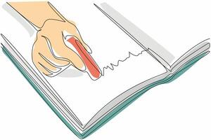 Continuous one line drawing hand is erasing writing in a book with a rubber eraser. Some tasks need to be fixed. Rectification. National Rubber Eraser Day. Single line draw design illustration vector