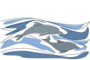 Single continuous line drawing 2 dolphins swimming. Aquatic mammals are known for their high intelligence. Jumping out of the water. Habits. National Dolphin Day. One line design illustration vector
