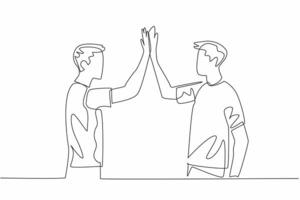 Continuous one line drawing two men in casual clothes doing a high five. Two friends meet again. Warm greetings of friendship. National High Five Day. Single line draw design illustration vector