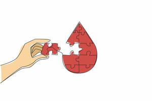 Single continuous line drawing a hand holding a puzzle piece and wanting to put it in a drop of blood. Donation as a complement to happiness. World Hemophilia Day. One line design illustration vector