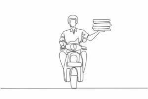 Single continuous line drawing pizza delivery man riding a motorbike. Delivering some delicious pizza stacks to consumers. Pizza Delivery Driver Appreciation Day. One line design illustration vector