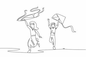 Single continuous line drawing a boy and a girl run while holding a kite. Flying a kite by running. Flying in classic style. Outdoor games. Go Fly a Kite Day. One line design illustration vector