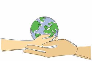 Single continuous line drawing two human hands put the globe on the palm. Symbolism of giving the mandate to protect the earth to children. Environment. Earth Day. One line design illustration vector