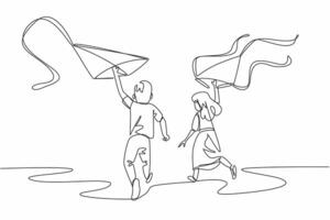 Continuous one line drawing a boy and a girl run while holding a kite. Decorative kites ready to be flown. Playing together. Holiday. Go Fly a Kite Day. Single line draw design illustration vector