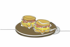 Single continuous line drawing 2 pcs English muffins on a round wooden cutting board. Will be served to a more appropriate place. National English Muffin Day. One line design illustration vector