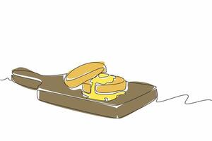 Continuous one line drawing 2 English muffins stacked on a wooden cutting board. Fresh from the oven. Tasting homemade. Tasty. National English Muffin Day. Single line draw design illustration vector