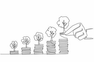 Continuous one line drawing 5 stacks of coins with a tree on top. The more investment, the more profit. Financial planner. National Financial Awareness Day. Single line draw design illustration vector