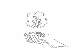 Single continuous line drawing 2 hands holding a stack of coins with a tree. Investing capital. Very profitable investment. National Financial Awareness Day. One line design illustration vector