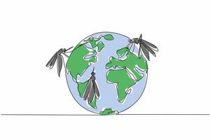 Single continuous line drawing several mosquitoes of various sizes stick to the globe. Massive spread of disease-carrying mosquitoes. Stop it. World Malaria Day. One line design illustration vector