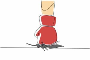 Continuous one line drawing hands wearing boxing gloves clenched and punched a large mosquito. A symbol of preventing further spread. World Malaria Day. Single line draw design illustration vector