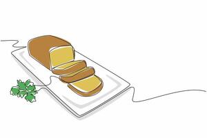 Single continuous line drawing zucchini bread cut into 3 pieces. Served on a square plate. Enjoy the softness and health. Delicious. National Zucchini Bread Day. One line design illustration vector