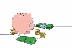 Continuous one line drawing coins, banknotes and piggy bank. Preparation for the future. Save as much money as possible. National Financial Awareness Day. Single line draw design illustration vector