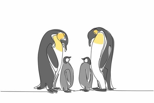 Single continuous line drawing two adult penguins standing facing each other and two chicks. The discussion of the emperors. Summer migration. World Penguin Day. One line design illustration vector