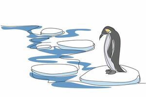Continuous one line drawing penguin standing on ice. Melting polar ice is dangerous for animals. Warming earth is dangerous for habitats. World Penguin Day. Single line draw design illustration vector