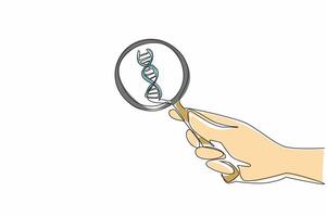 Continuous one line drawing hand holding a magnifier and pointing it at the DNA symbol. Blood cell checks to investigate health issues. National DNA Day. Single line draw design illustration vector