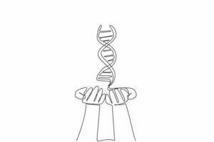 Single continuous line drawing DNA symbol on two open palms. Successful research. Successful blood sample testing. Researchers do the job right. National DNA Day. One line design illustration vector