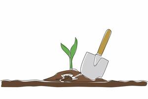 Continuous one line drawing new small trees are planted with help of a shovel. Positive activities to green the earth. Level up oxygen. National Arbor Day. Single line draw design illustration vector